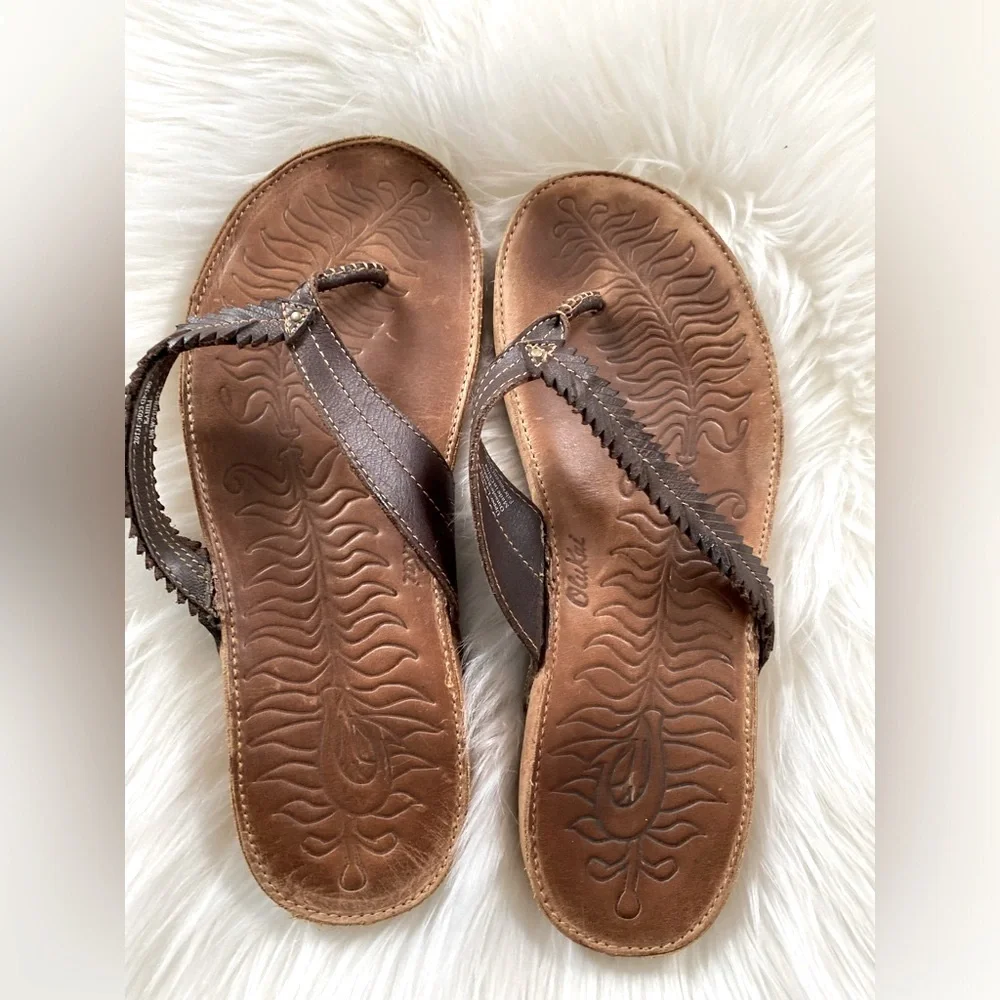 OluKai Brown Leather Feather-Trim Flip Flop Sandals
